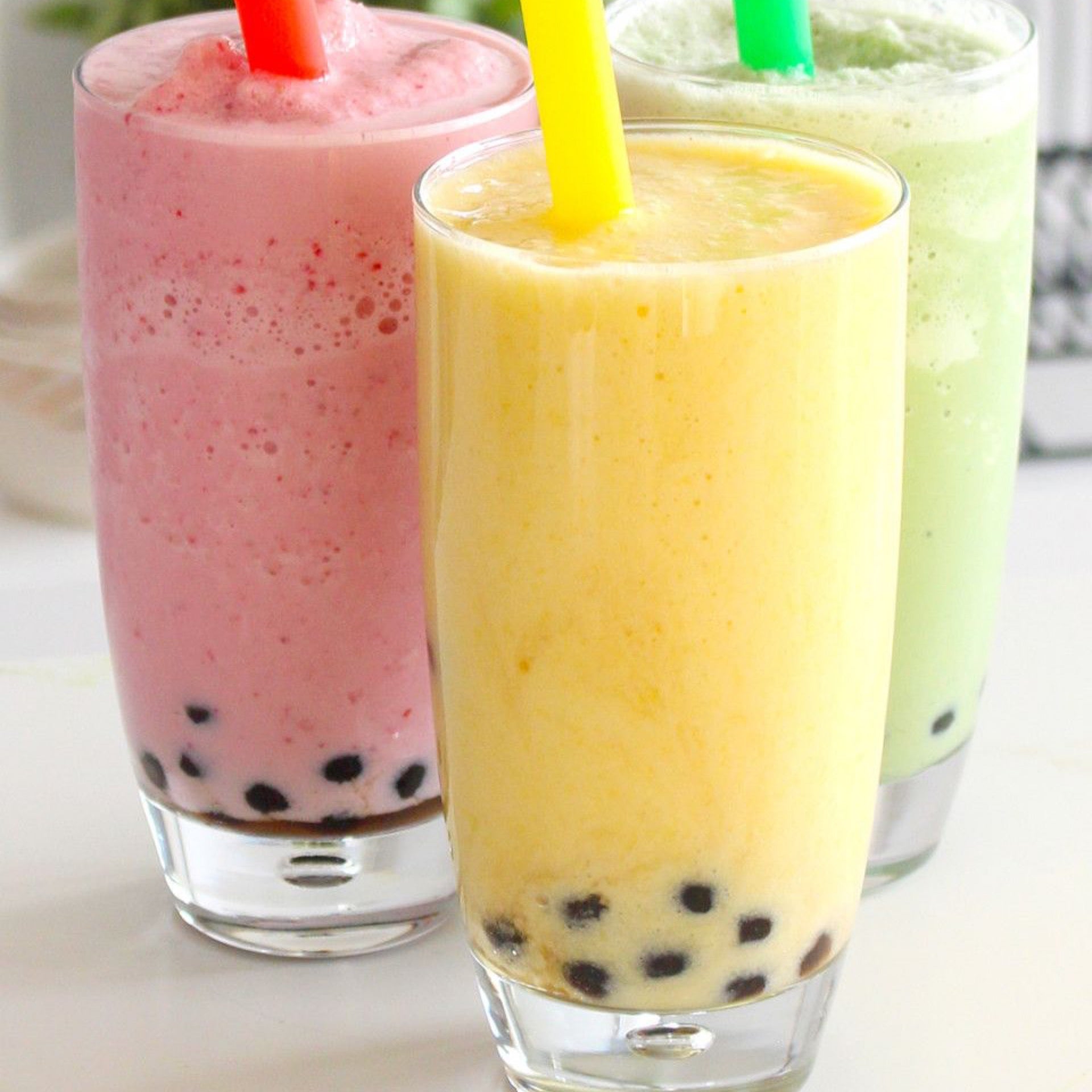 Five Glasses Healthy Milky Boba Bubble Tea Flavored Fresh Fruit Stock Photo  by ©makidotvn 298947180